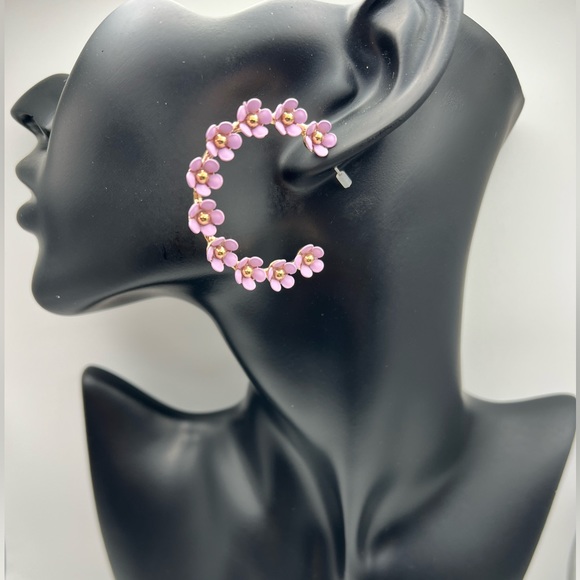 Nicole Miller Jewelry - Nicole Miller - Pink Flower 14k Gold Plated Hoop Earrings